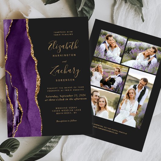 Invitation Mariage Moderne Foncé Violet Or Agate 5 Photos