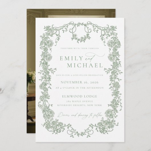 Invitation Mariage moderne français victorien Sage vert photo (Devant / Derrière)
