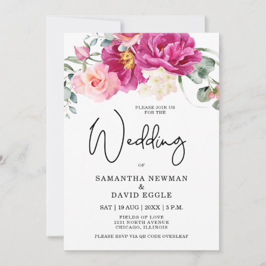 Invitation Mariage moderne Fuchsia rose Floral QR Code (Devant)