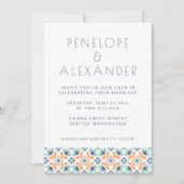 Invitation Mariage Moderne Géométrique Botanique Bleu Orange (Devant)