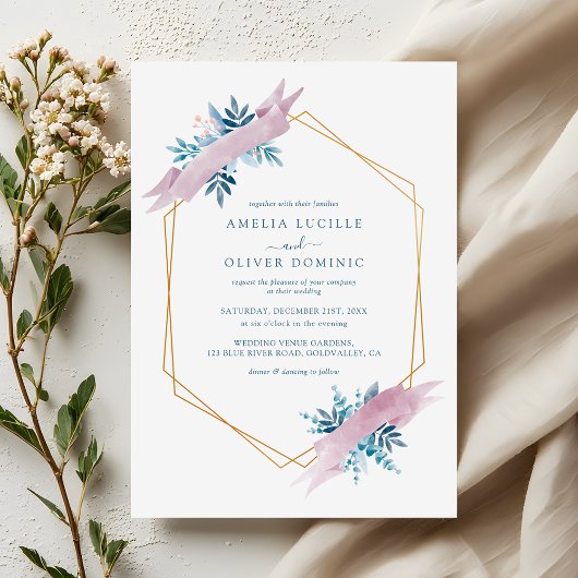 Invitation Mariage Moderne Géométrique Doré avec Verdure Bleu