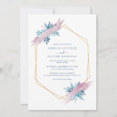 Invitation Mariage Moderne Géométrique Doré avec Verdure Bleu (Devant)
