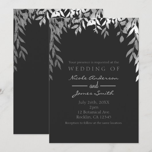 Invitation Mariage Moderne Glamour Feuilles Botaniques Argent (Devant / Derrière)