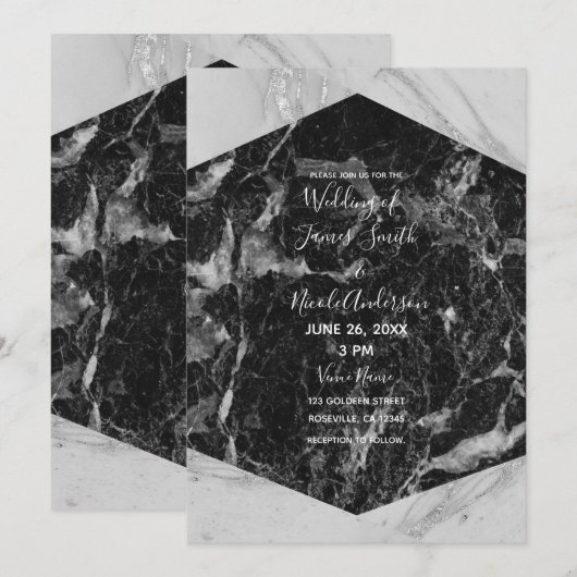 Invitation Mariage Moderne Glamour Noir Blanc Et Argent Marbr (Devant / Derrière)