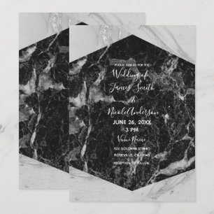Invitation Mariage Moderne Glamour Noir Blanc & Marbre Argent