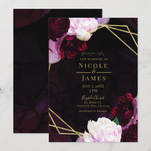 Invitation Mariage Moderne Glamour Or Floral Humeur Vin Foncé