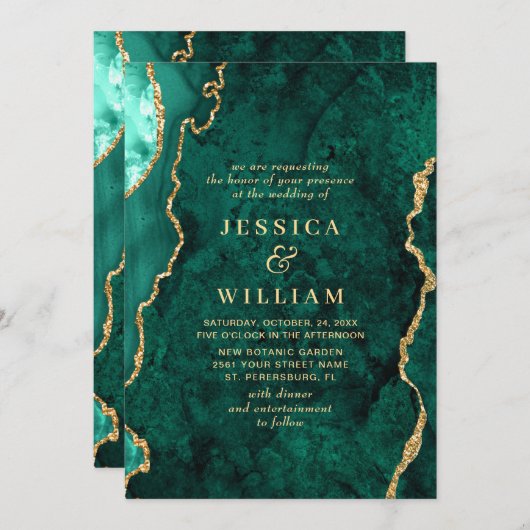 Invitation Mariage moderne Golden Green Marble Agate (Devant / Derrière)