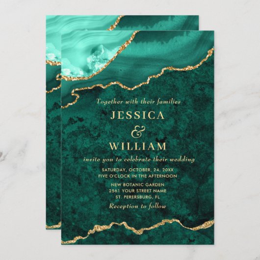Invitation Mariage moderne Golden Green Marble Agate (Devant / Derrière)