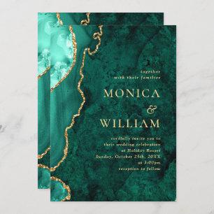 Invitation Mariage moderne Golden Green Marble Agate