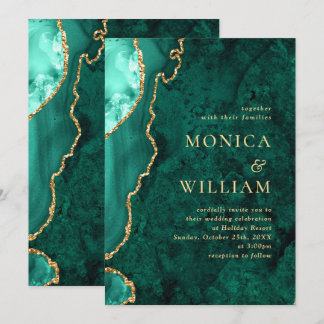 Invitation Mariage moderne Golden Green Marble Agate