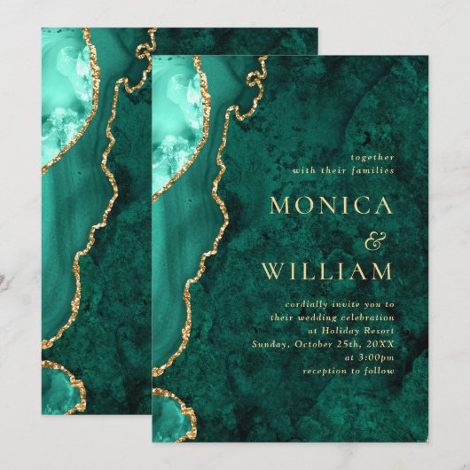 Invitation Mariage moderne Golden Green Marble Agate (Devant / Derrière)