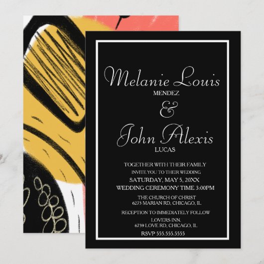 Invitation Mariage Moderne Gras Couleurs Abstraites Jaune Cor (Devant / Derrière)