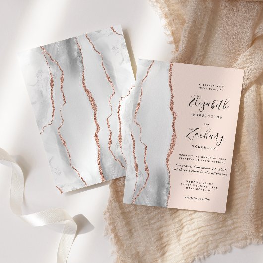 Invitation Mariage Moderne Gris Agate Rose Gold Blush