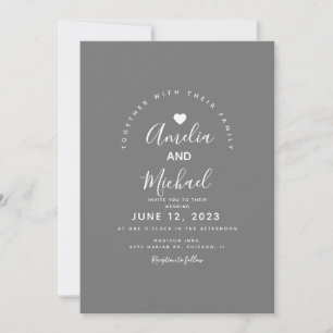 Invitation Mariage Moderne Gris Blanc Simple Cœur