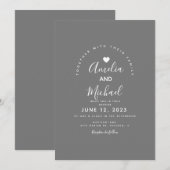 Invitation Mariage Moderne Gris Blanc Simple Cœur (Devant / Derrière)