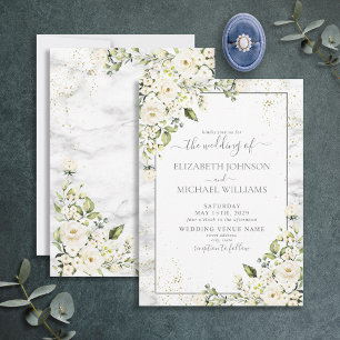 Invitation Mariage moderne gris clair blanc floral or marbre 