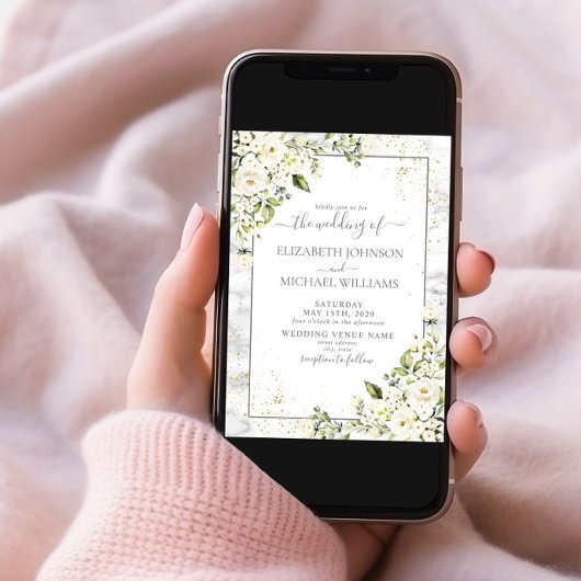 Invitation Mariage moderne gris clair blanc floral or marbre 