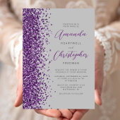 Invitation Mariage Moderne Gris Paillettes Violettes Script