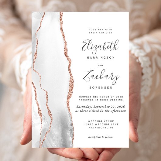 Invitation Mariage Moderne Gris Rose Or Agate