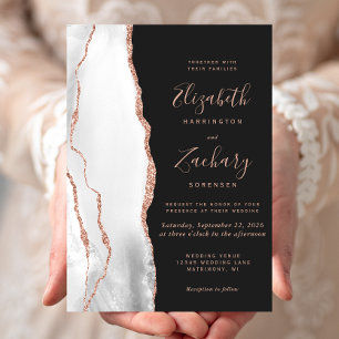 Invitation Mariage Moderne Gris Rose Or Agate Ardoise Noir