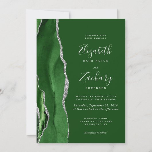Invitation Mariage moderne Hunter Green Silver Agate (Devant)