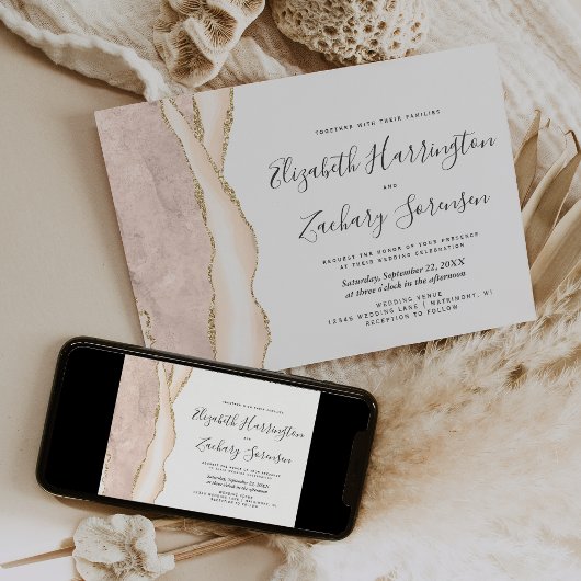 Invitation Mariage Moderne Ivoire Or Agate
