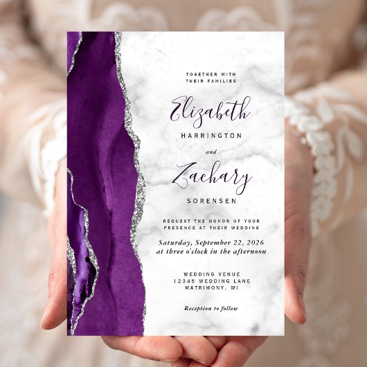 Invitation Mariage Moderne Marbre Agate Violet Argent