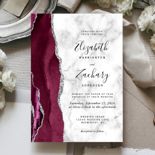 Invitation Mariage Moderne Marbre d'Agate Argent Bourgogne