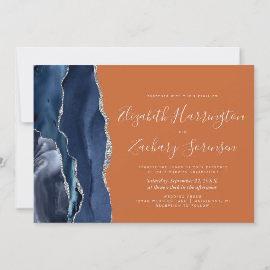 Invitation Mariage moderne Marine Blue Silver Agate (Devant)
