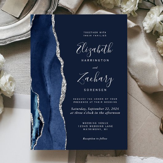 Invitation Mariage moderne Marine Blue Silver Agate