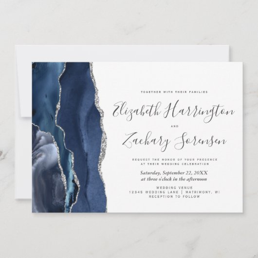 Invitation Mariage moderne Marine Blue Silver Agate (Devant)