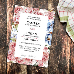 Invitation Mariage moderne Marine & Fleurs rouges légères