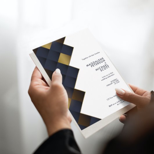 Invitation Mariage moderne Marine & Gold Diamond