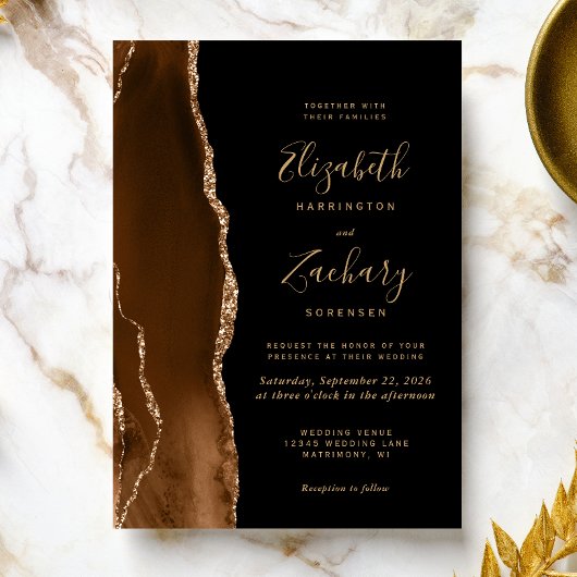 Invitation Mariage Moderne Marron Mocha Agate Doré Foncé