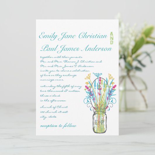 Invitation Mariage moderne Mason Jar Aqua rose jaune citron (Debout devant)