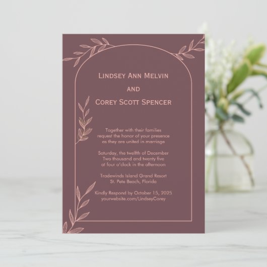 Invitation Mariage moderne Mauve et Pink Leaf (Debout devant)