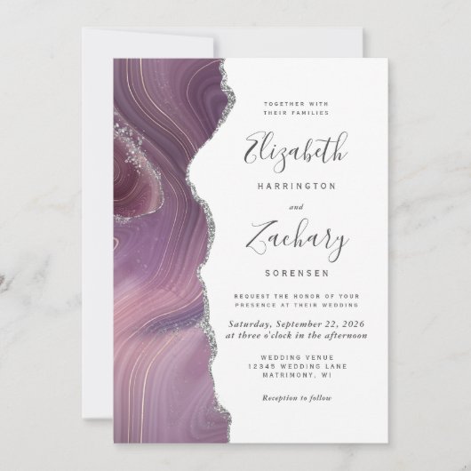 Invitation Mariage moderne Mauve Silver Agate (Devant)