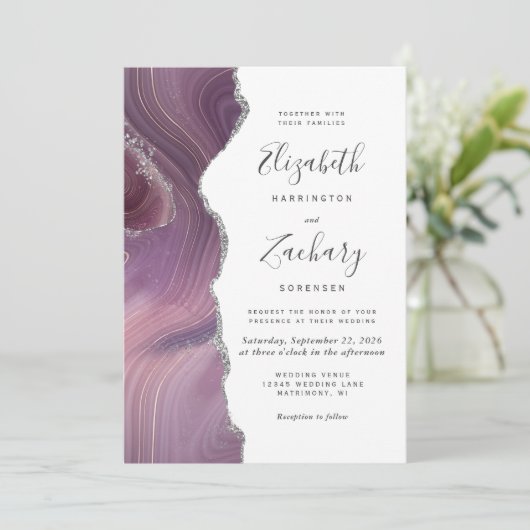 Invitation Mariage moderne Mauve Silver Agate (Debout devant)