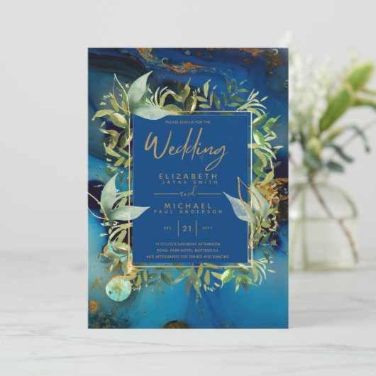 Invitation Mariage moderne Midnight Blue Gold Greenery (Debout devant)