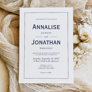 Invitation Mariage Moderne Minimaliste Bleu Nuit Blanc