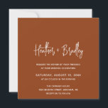 Invitation Mariage moderne minimaliste en terre cuite<br><div class="desc">Faire-part de mariage boho carré moderne avec un design simple avec vos noms dans une élégante typographie de script et vos détails de l'événement dans une police sans serif minimaliste. Tous les éléments de conception sont en blanc sur un arrière - plan en terre cuite / cuivre. Ce faire-part de...</div>