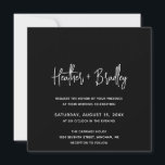 Invitation Mariage moderne minimaliste noir<br><div class="desc">Faire-part de mariage carré moderne avec un design simple avec vos noms dans une élégante typographie de script et vos détails de l'événement dans une police sans serif minimaliste. Tous les éléments de conception sont en blanc sur un arrière - plan noir. Ce faire-part de mariage chic fonctionne bien avec...</div>