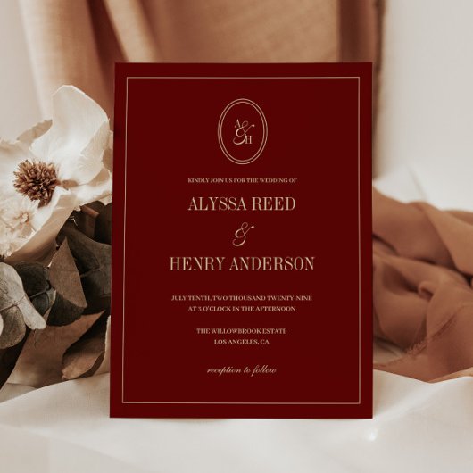Invitation Mariage Moderne Monogramme Classique Rouge Vin