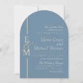 Invitation Mariage Moderne Monogramme Écriture Bleu Poussiére (Devant)