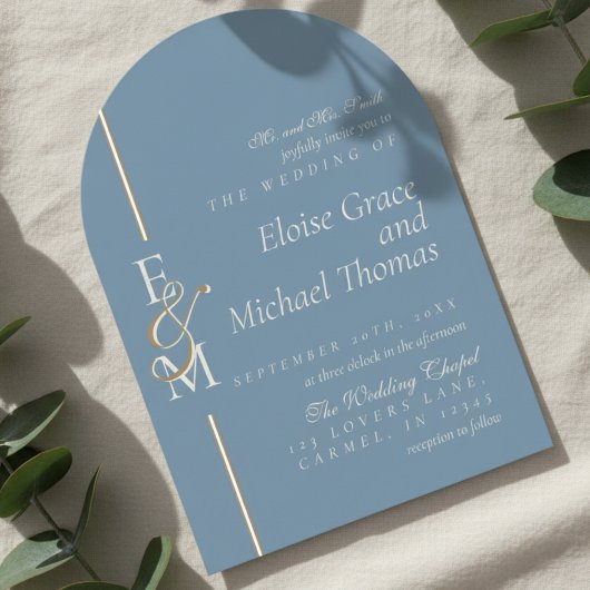 Invitation Mariage Moderne Monogramme Écriture Bleu Poussiére