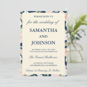 Invitation Mariage Moderne Monogramme Floral Bleu Nuit et Ivo