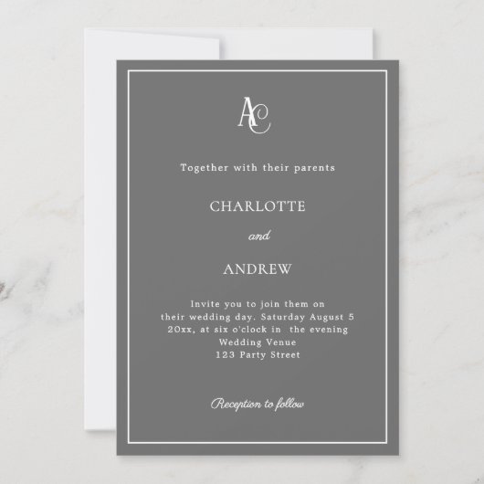 Invitation Mariage moderne monogramme gris (Devant)