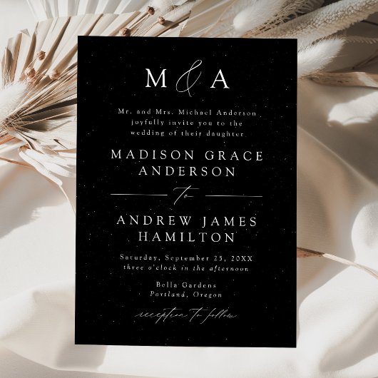 Invitation Mariage Moderne Monogramme Noir et Blanc Moucheté