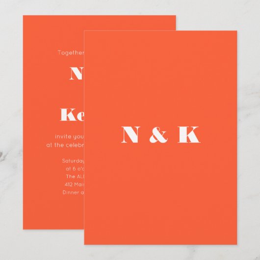 Invitation Mariage Moderne Monogramme Persimmon Orange Gras (Devant / Derrière)