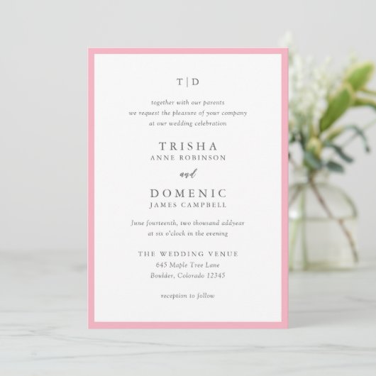 Invitation Mariage Moderne Monogramme Rose Élégant (Debout devant)